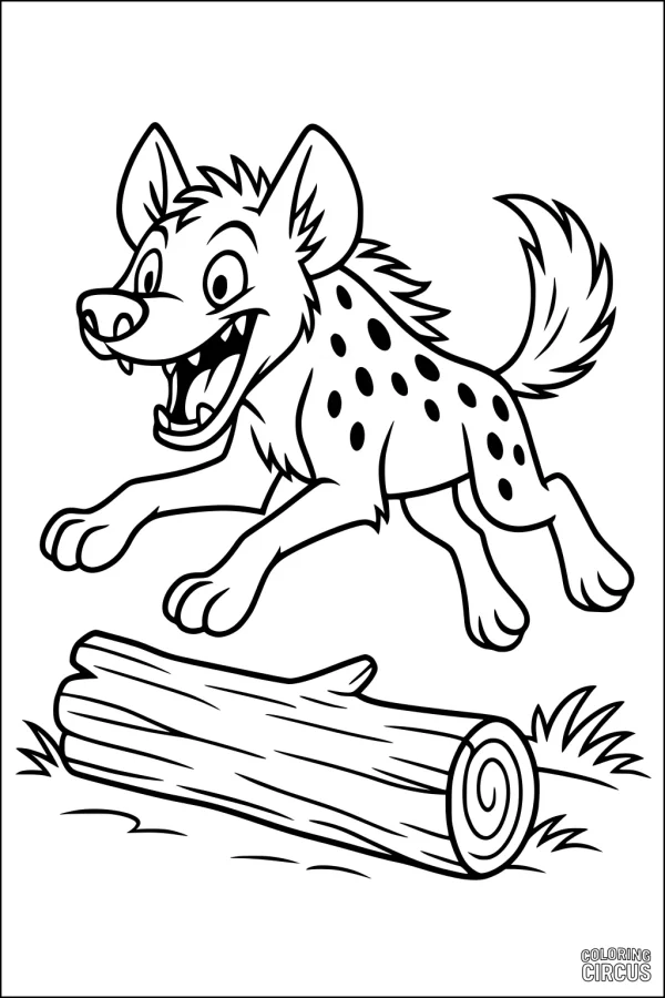 Coloring page of a cartoon hyena jumping over a log with a big smile
