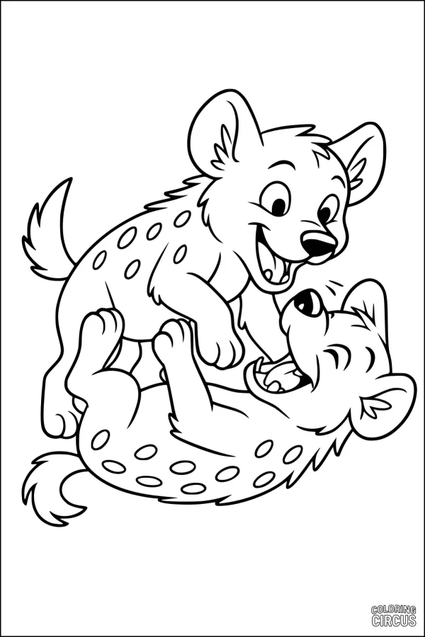 Coloring page featuring two happy cartoon hyena cubs playfully tumbling in grass