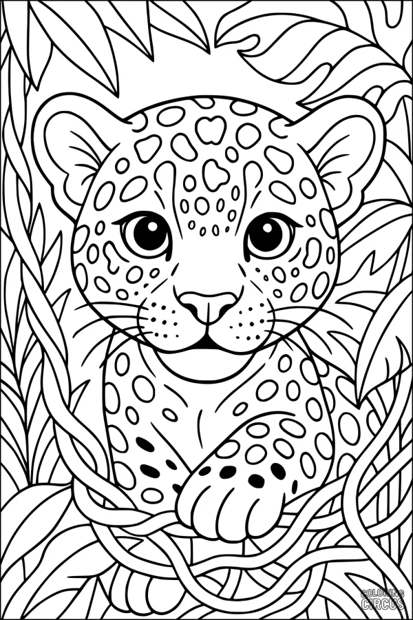 Coloring page of a cute jaguar cub surrounded by jungle leaves and vines