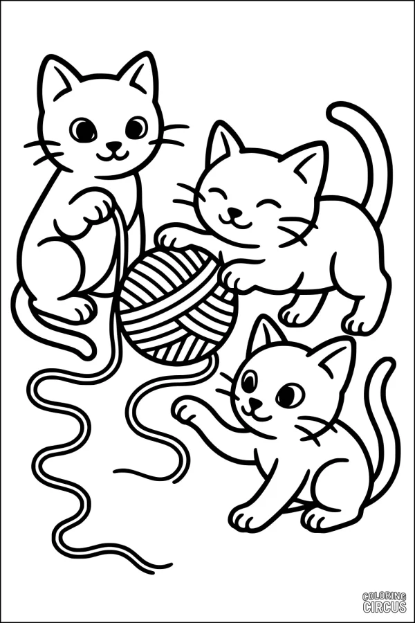 Coloring page of three cartoon kittens playing with a ball of yarn.