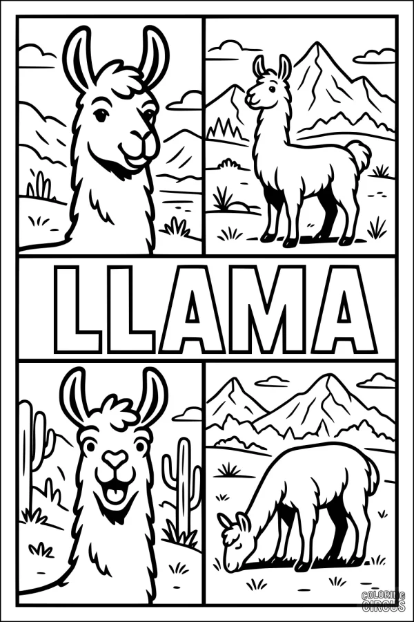 Coloring page featuring friendly llamas in cartoon mountain landscape with cacti and plants