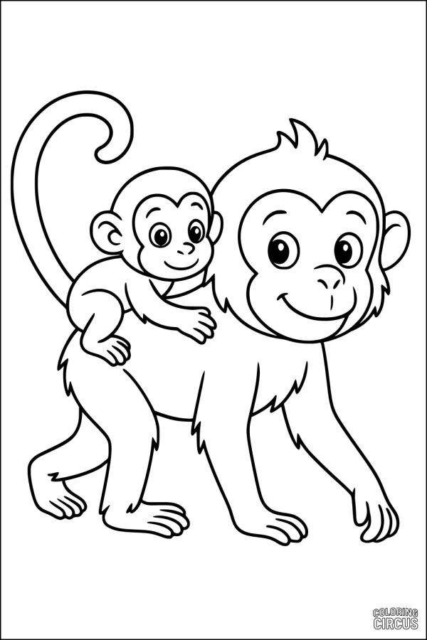 Coloring page of a smiling baby monkey riding on its parent's back, outlined in a friendly cartoon style