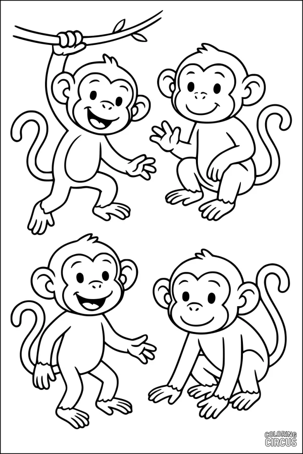 Coloring page featuring four cute cartoon monkeys in playful poses