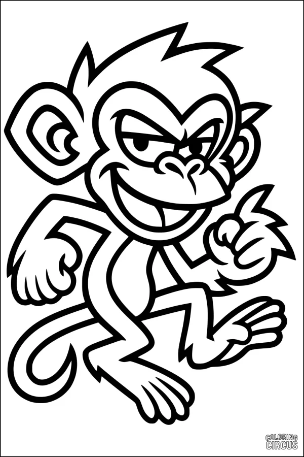Coloring page featuring a cartoon monkey with a playful expression and raised finger