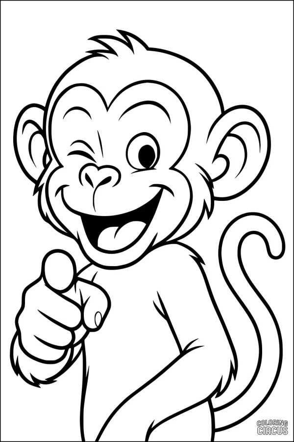 Coloring page featuring a winking cartoon monkey with a big smile and pointing hand