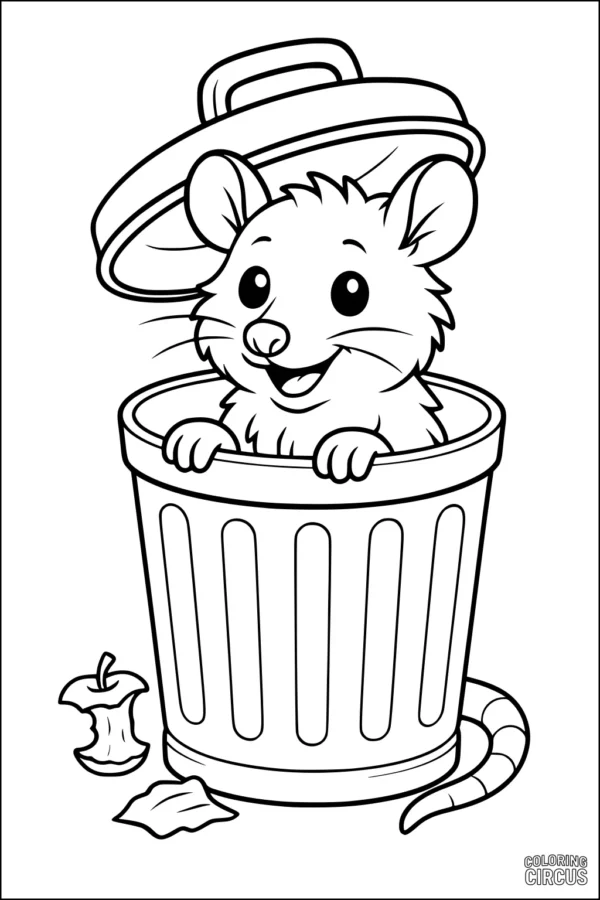 Coloring page featuring a cute opossum inside a trash can with an apple core and leaf nearby