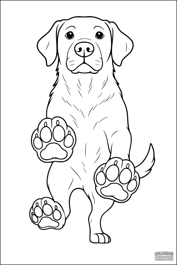 Coloring page of a friendly dog with large paws raised, inviting children to color