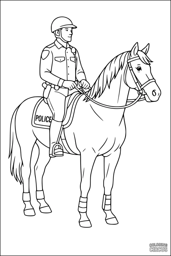 Coloring page of a police officer riding a horse on patrol