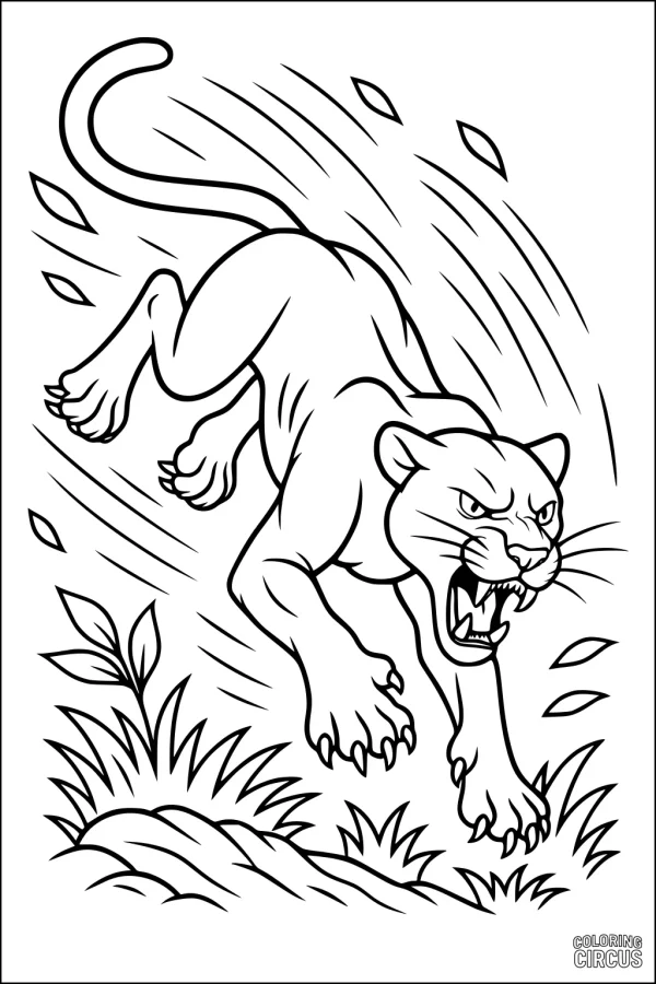 Coloring page showing a panther leaping in a jungle setting with leaves and plants