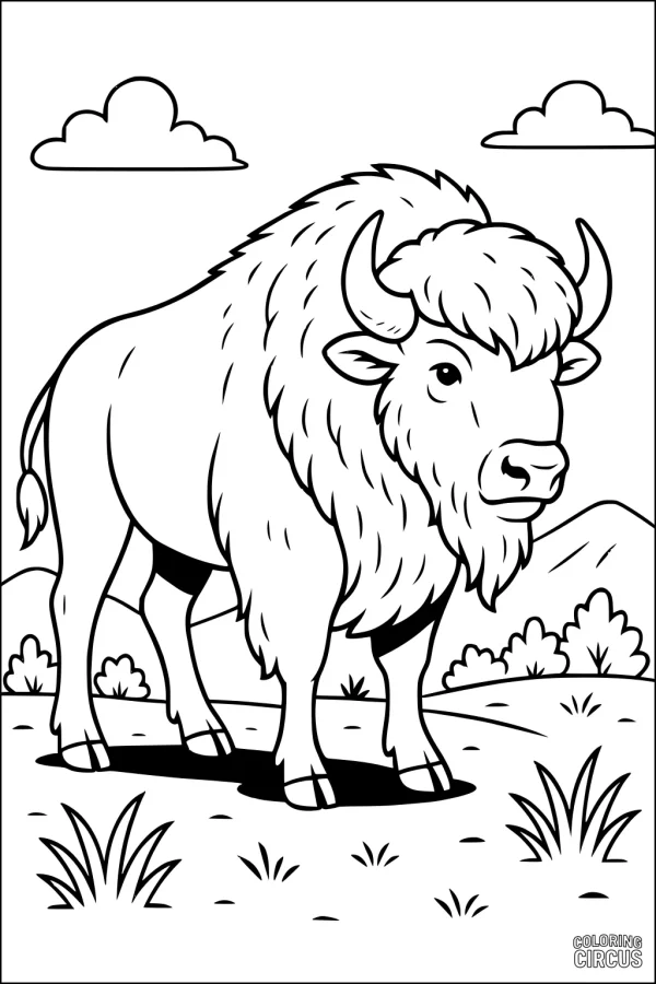 Coloring page of a bison standing on a grassy prairie with hills, bushes, and clouds in the background.