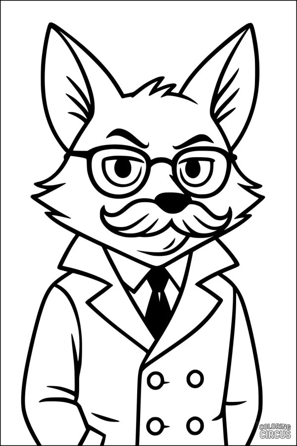 Coloring page of a cartoon fox with glasses, mustache, and coat