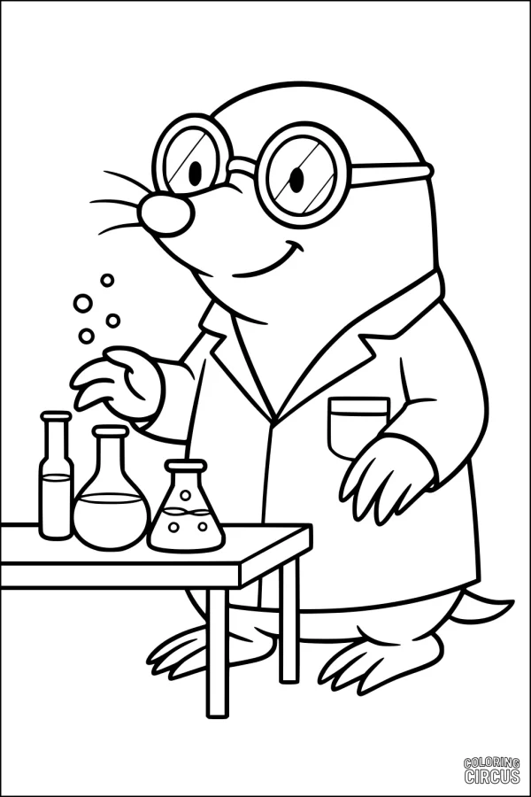 Coloring page of a cute mole scientist wearing glasses and a lab coat, experimenting with bottles and beakers