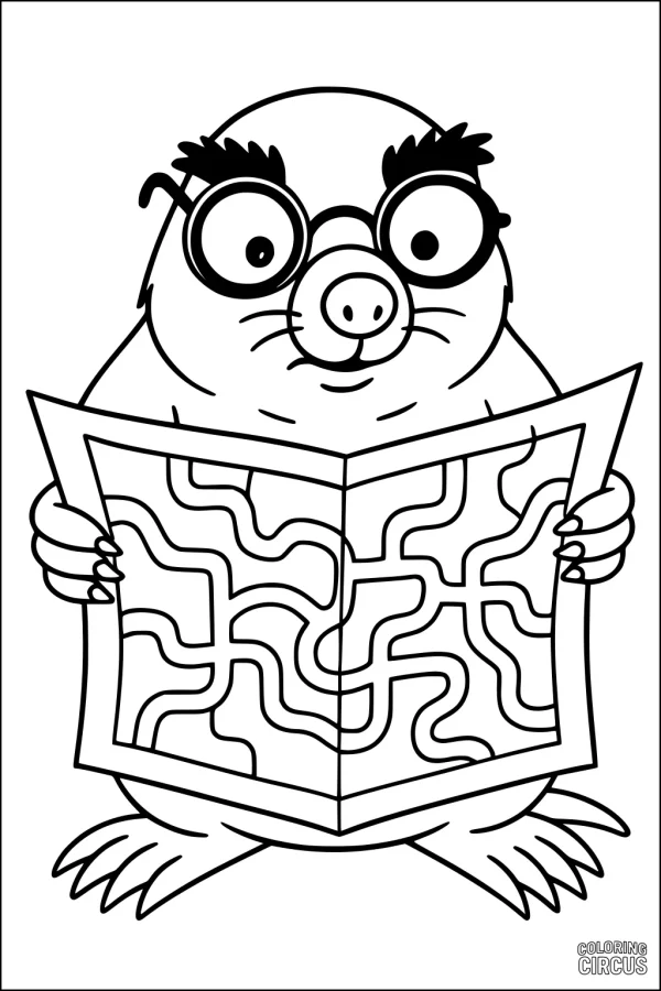 Coloring page featuring a cute mole wearing glasses and holding a maze-like map