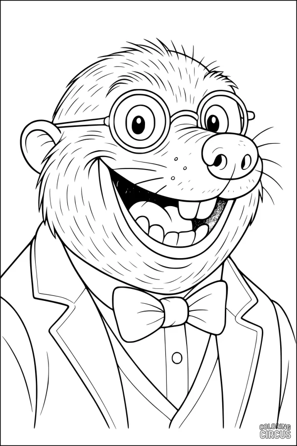 Coloring page featuring a cartoon mole wearing glasses, a suit, and a bow tie