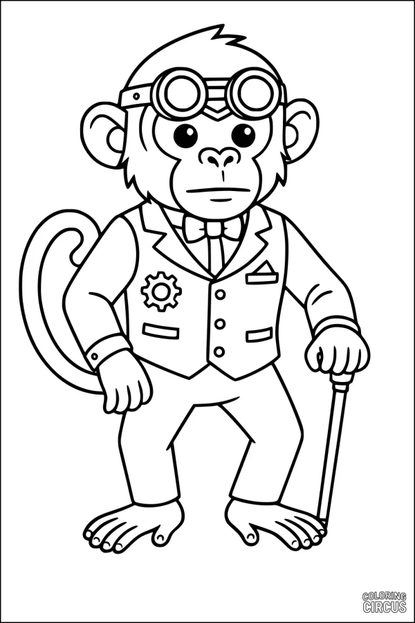 Coloring page of a steampunk monkey wearing a suit, goggles, and holding a cane