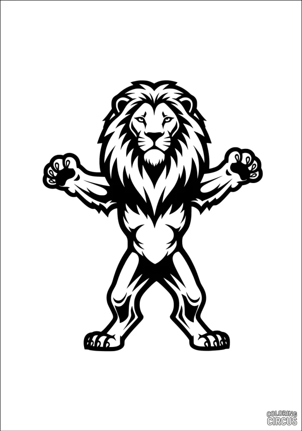 Coloring page of a stylized standing lion with a bold mane