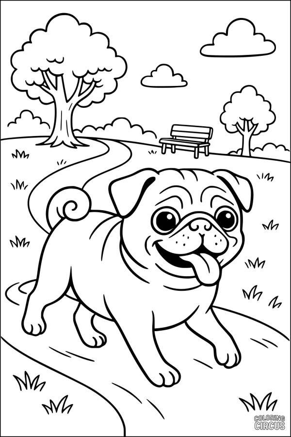 Coloring page friendly pug dog walking on a path in a park with trees, bench, and clouds