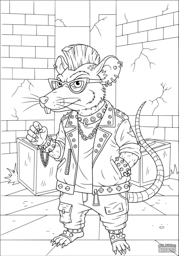 Coloring page featuring a punk-style rat in urban alley with leather jacket and mohawk