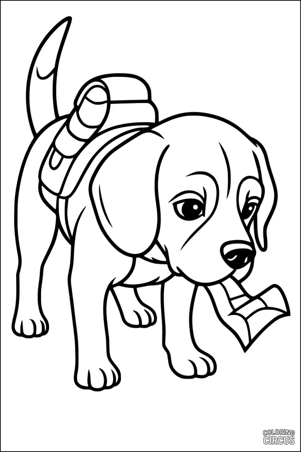 Coloring page of a friendly puppy with a backpack carrying a map in its mouth