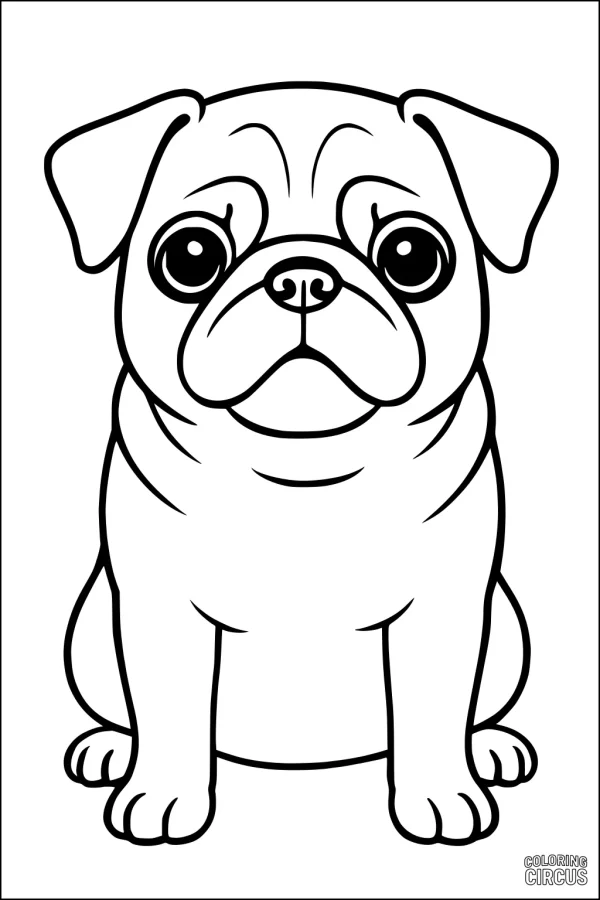 Coloring page of a cute big-eyed puppy dog sitting and facing forward
