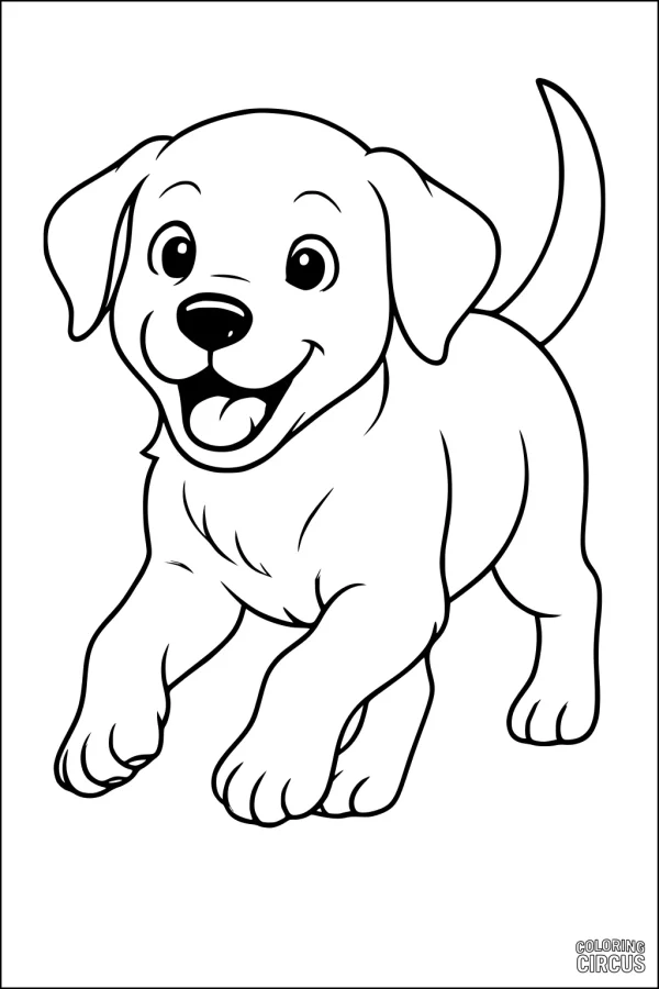 Coloring page of a happy cartoon puppy running with a wagging tail