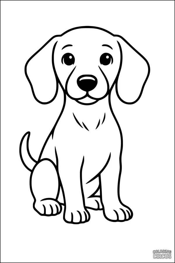 Coloring page of a cute dog sitting, with big eyes and floppy ears