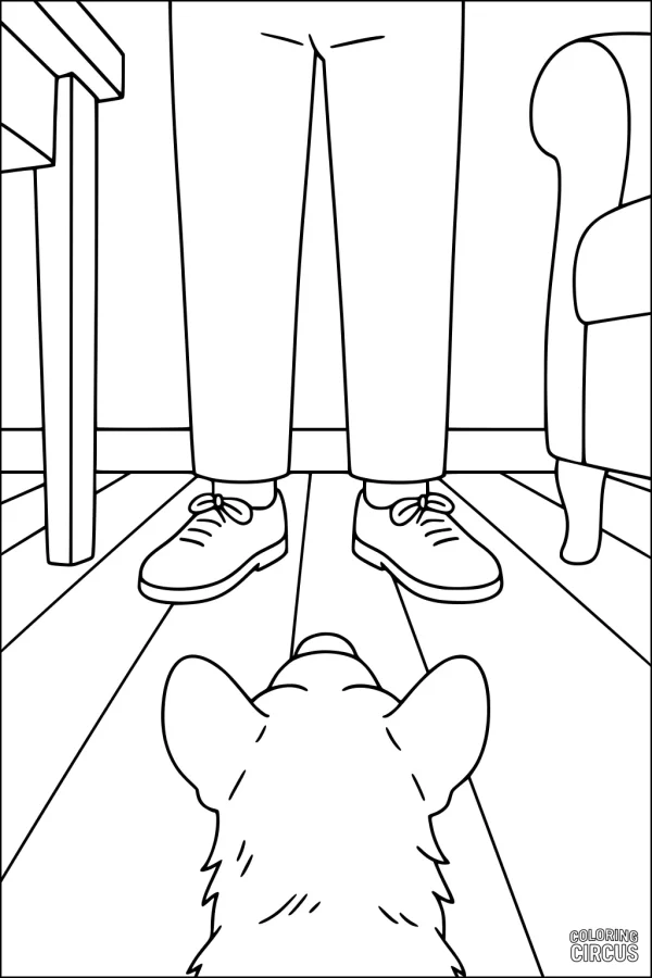 Coloring page showing a puppy looking up at a person standing indoors with furniture around.