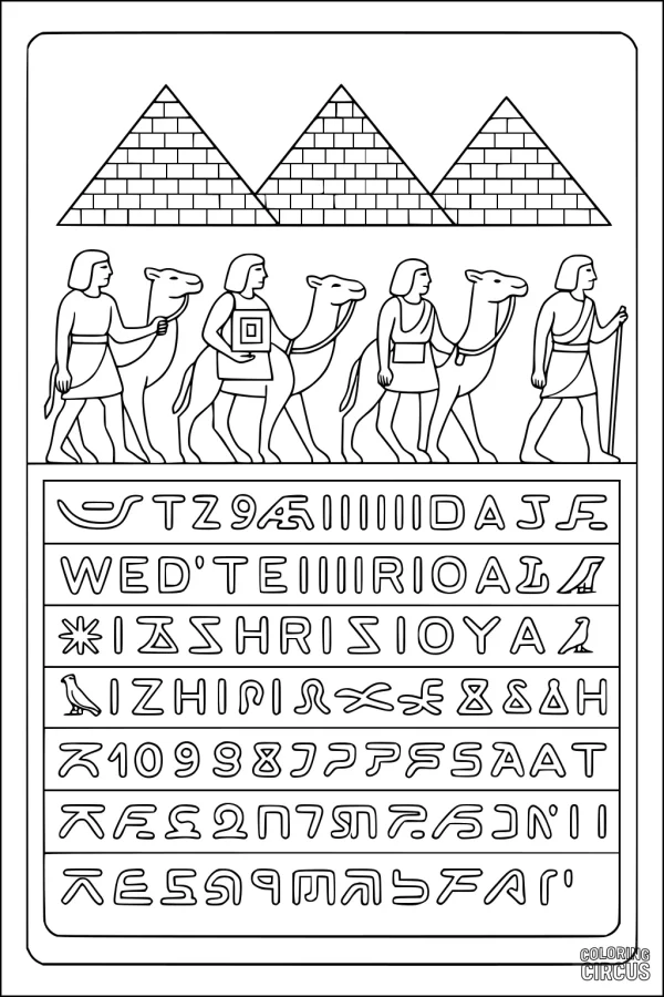 Coloring page featuring camels and people walking in front of pyramids with decorative hieroglyphs