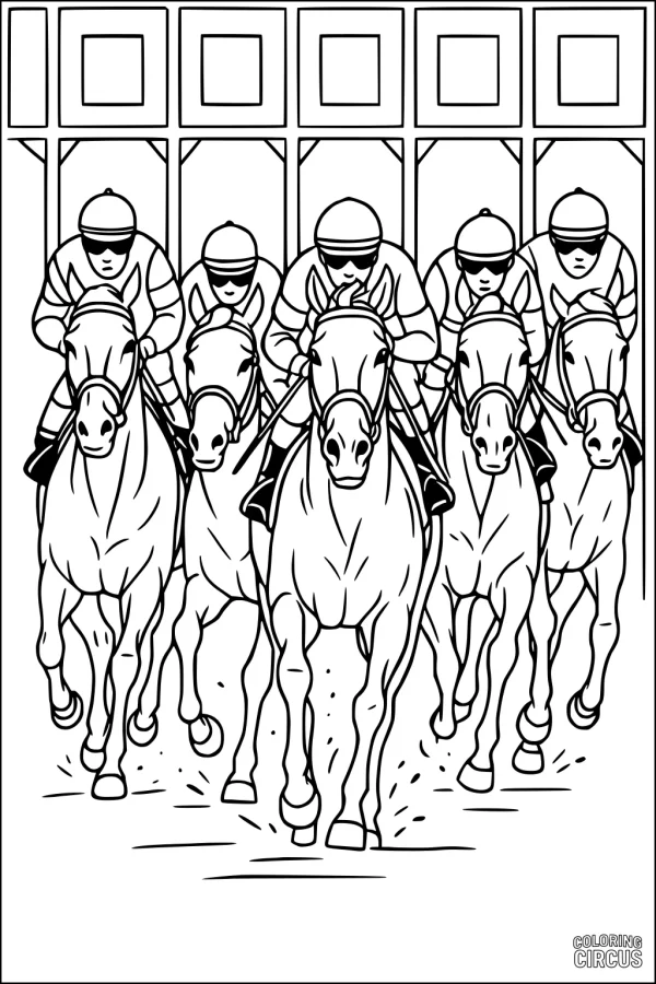 Coloring page showing jockeys riding racehorses as they burst from a starting gate