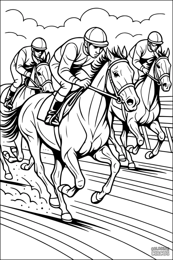 Coloring page showing three horses with jockeys racing on a dirt track