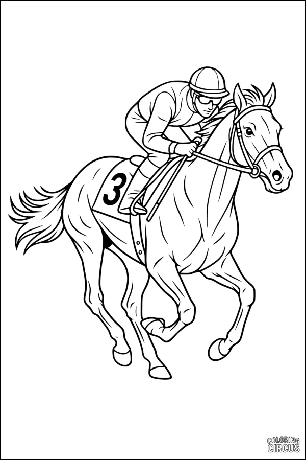 Coloring page of a racehorse with a jockey galloping at a racetrack, detailed and realistic