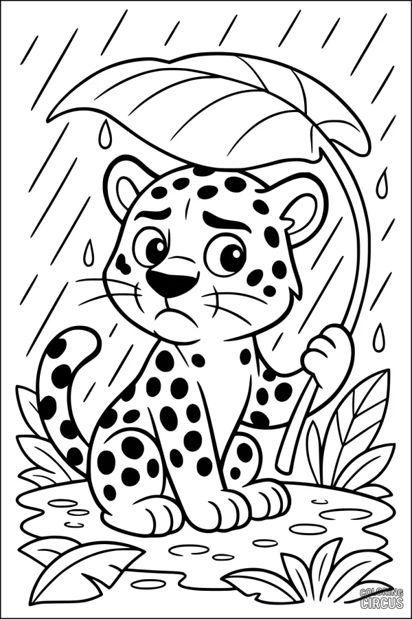 Coloring page featuring a cute cartoon jaguar holding a big leaf as an umbrella in the rain