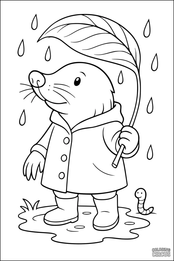 Coloring page of a mole in a raincoat holding a leaf umbrella with raindrops and a worm