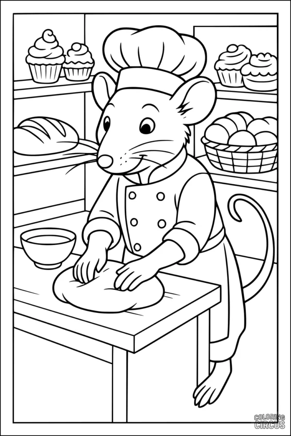 Coloring page of a rat wearing a chef hat baking bread in a kitchen with pastries on shelves