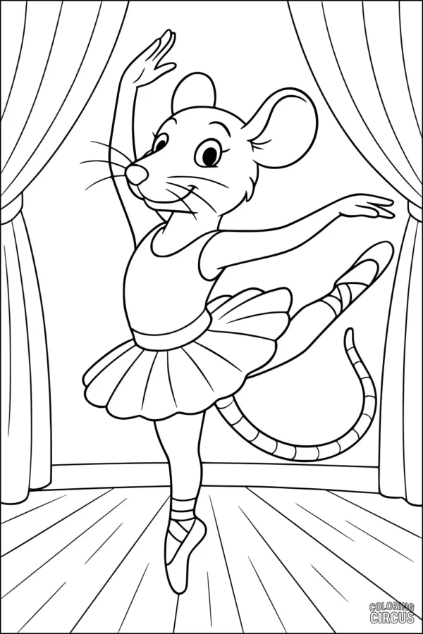 Coloring page of a cartoon rat dancing ballet on stage with curtains