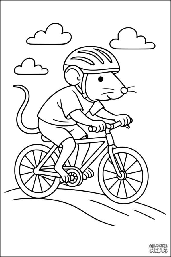 Coloring page featuring a cute rat riding a bicycle with helmet under clouds