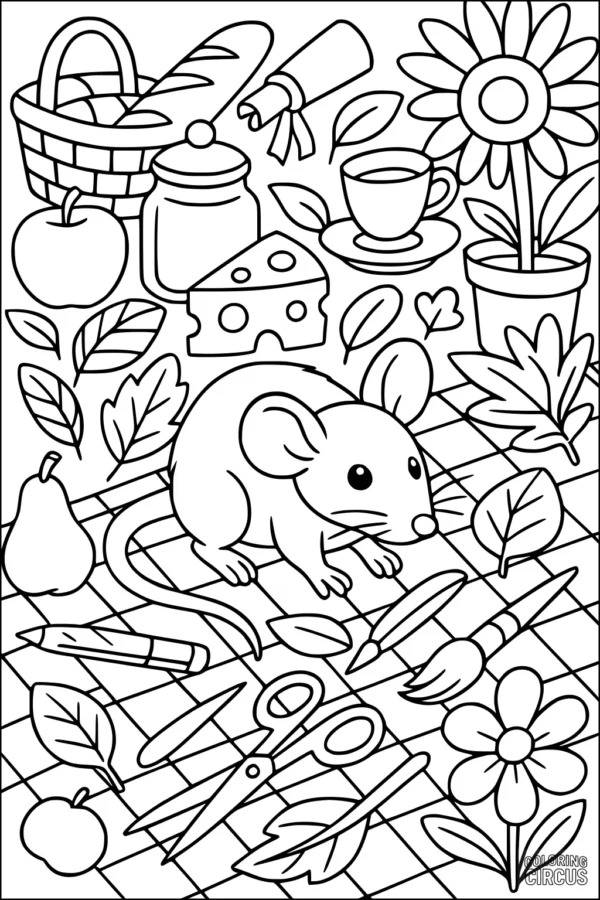 Coloring page featuring a cute rat at a picnic with cheese, fruits, flowers, and art supplies