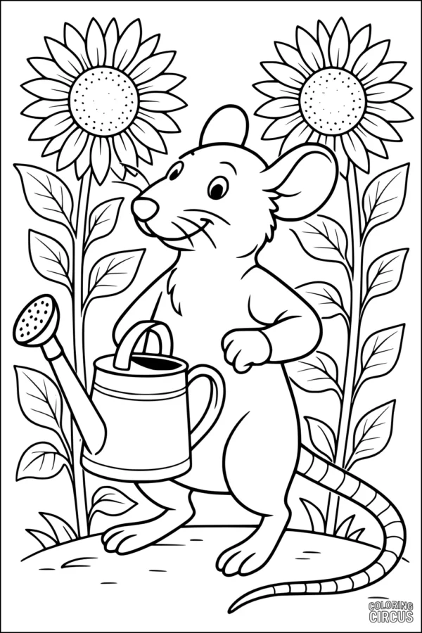 Coloring page of a cartoon rat holding a watering can between two sunflowers
