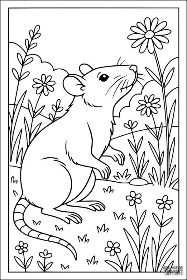 Coloring page with cute rat sitting among meadow flowers and tall grass