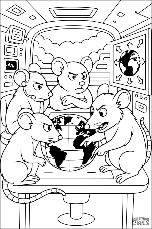 Coloring page featuring four cartoon rats planning around a globe inside a futuristic control room