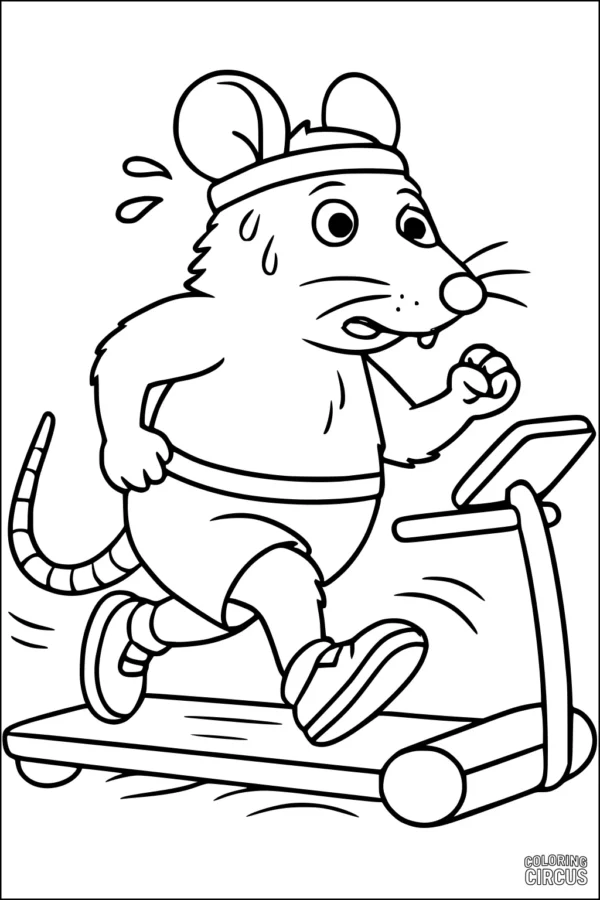 Coloring page of a cartoon rat running on a treadmill, wearing workout clothes and a headband, with sweat drops flying