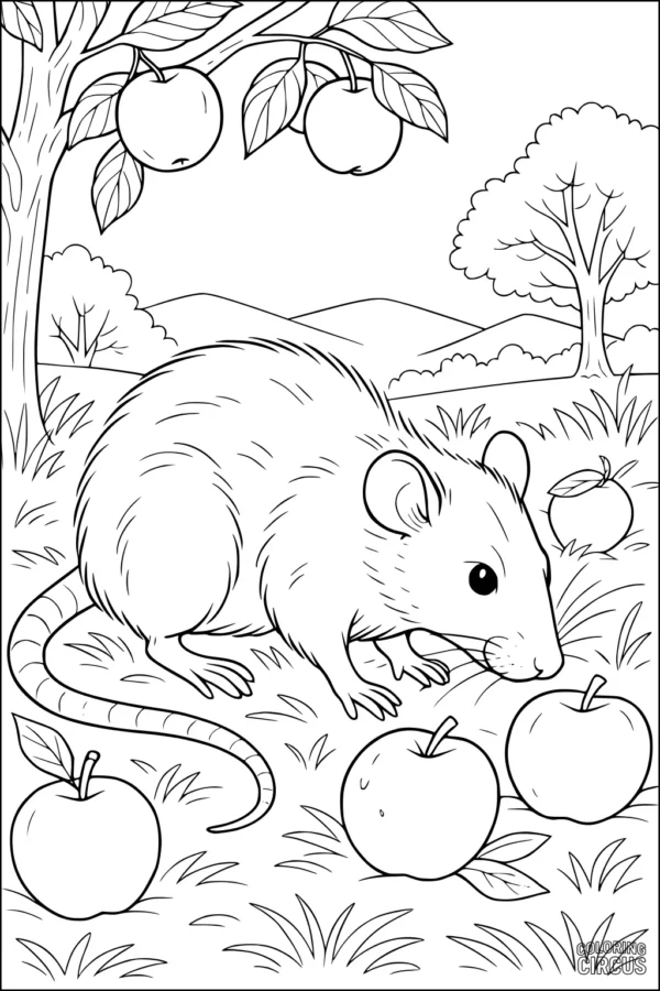 Coloring page features a cute rat exploring an apple orchard, surrounded by apples, trees, and hills in the background.