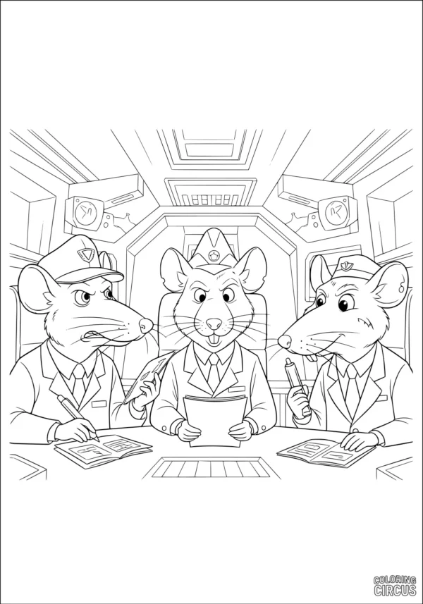 Coloring page showing three cartoon rats in uniform as space pilots at a control desk