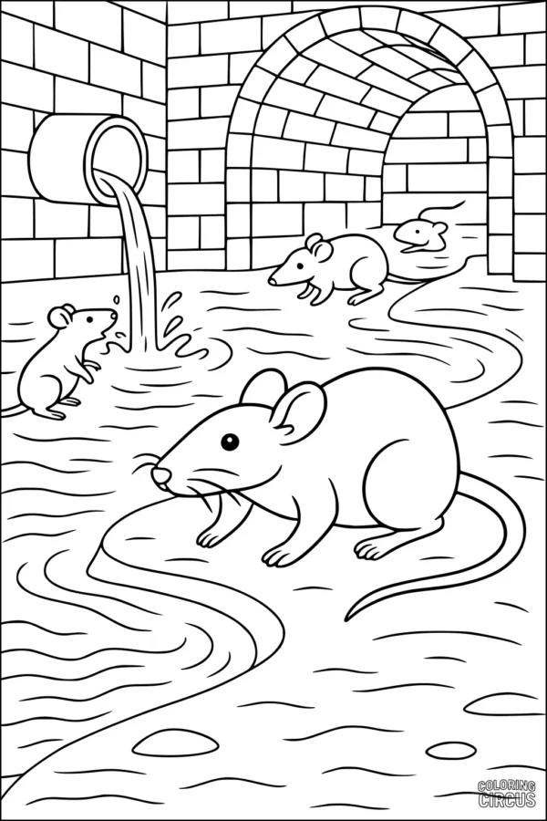 Coloring page with four cartoon rats in a brick tunnel with running water.