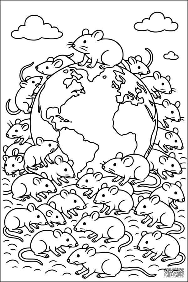 Coloring page with cute cartoon rats gathered around a globe, beginner level