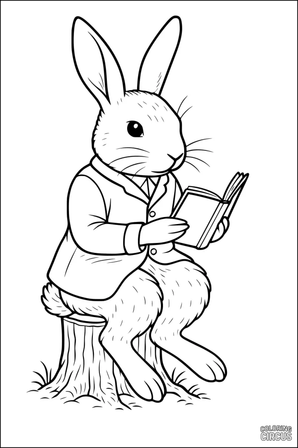 Coloring page of a hare in a jacket reading a book while sitting on a tree stump.