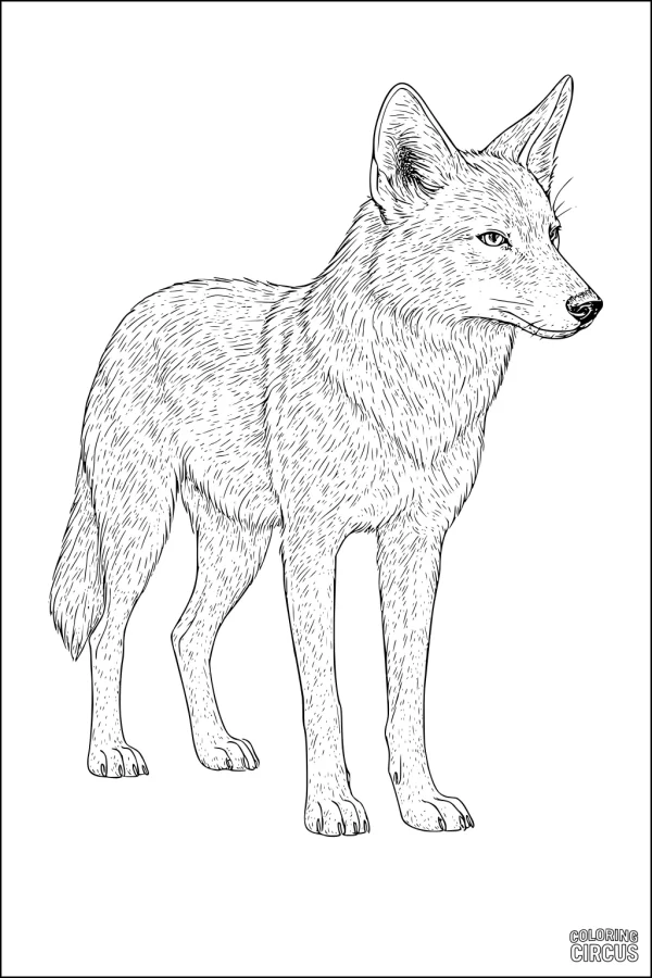 Coloring page of a realistic standing coyote with detailed fur for kids and adults