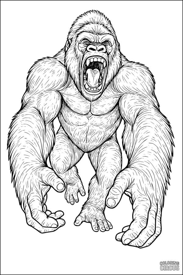 Coloring page depicting a detailed roaring gorilla reaching forward, designed for older children and adults