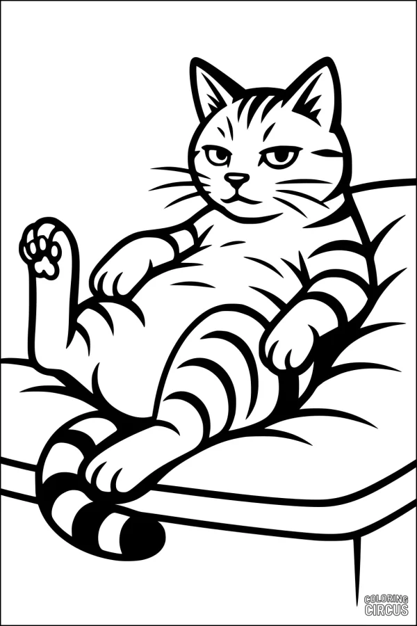 Coloring page of a relaxed cat lying on a sofa with its paw up and striped tail visible.