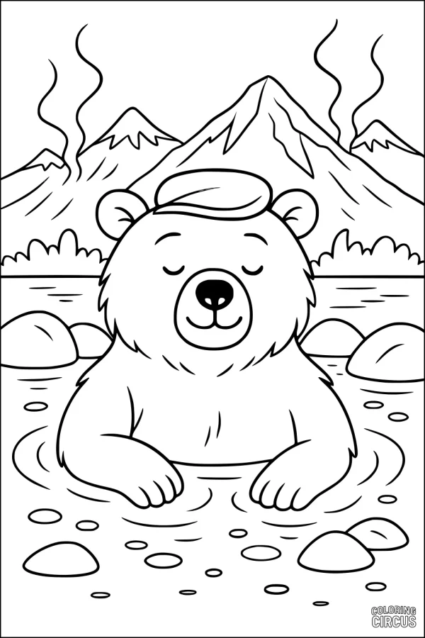 Coloring page of a cute bear relaxing in a hot spring with mountains and steam in the background